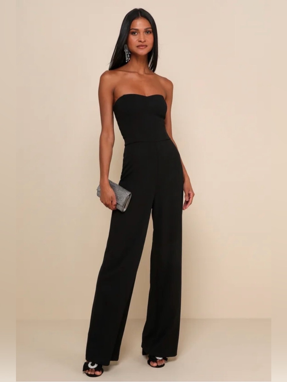 Lulus Edith Black Strapless Wide Leg Jumpsuit NWOT Sz M Formal Cocktail Holiday